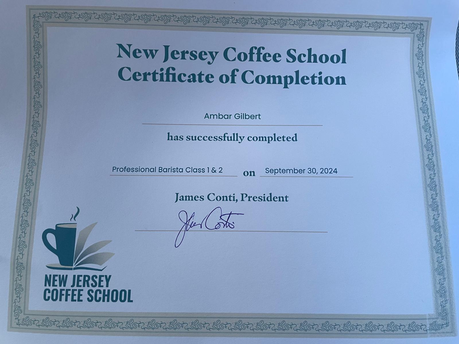 Barista Certification — New Jersey Coffee School, 2024